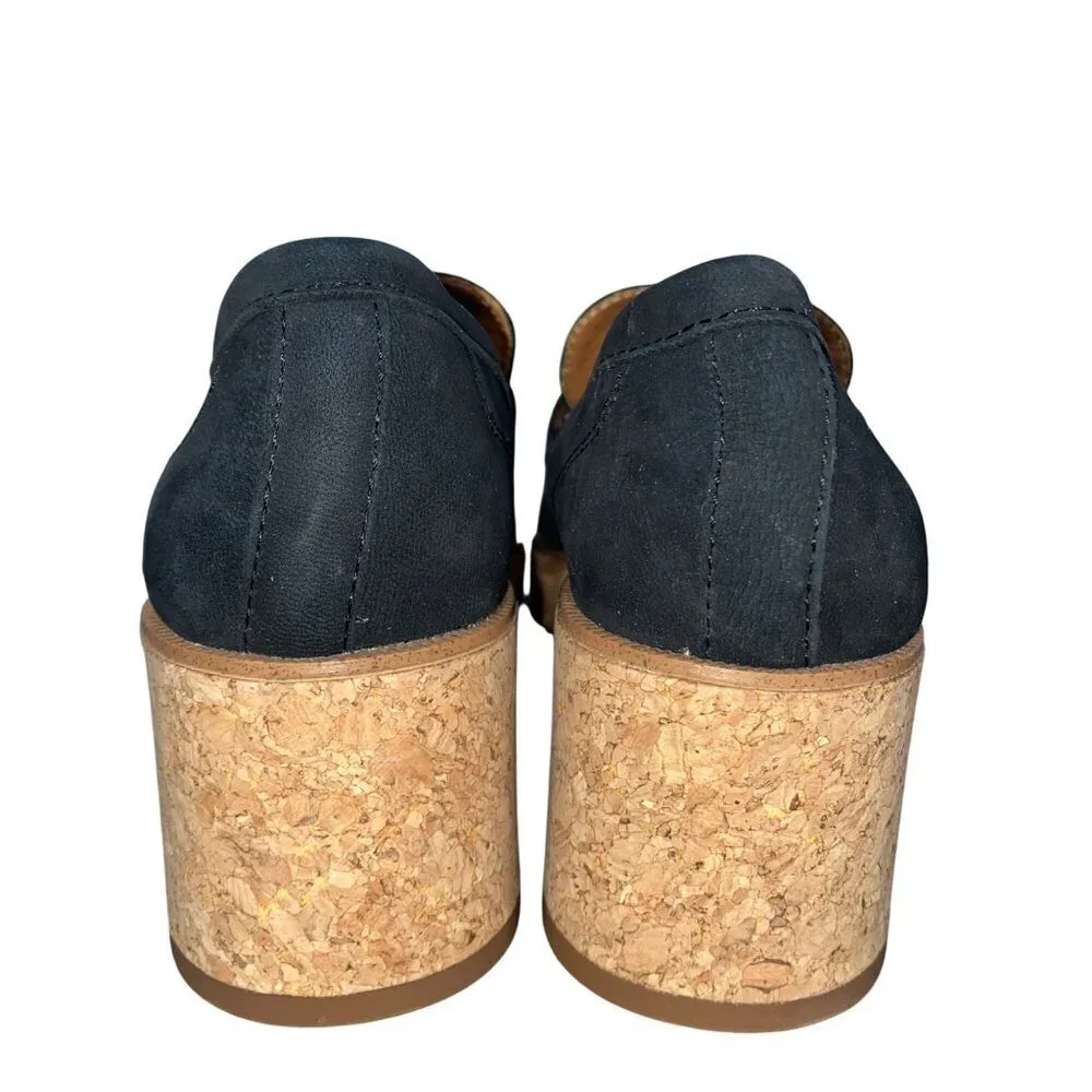 Lucky Brand Womens Black Suede platform Cork Heel Loafers Size 6.5. Preppy